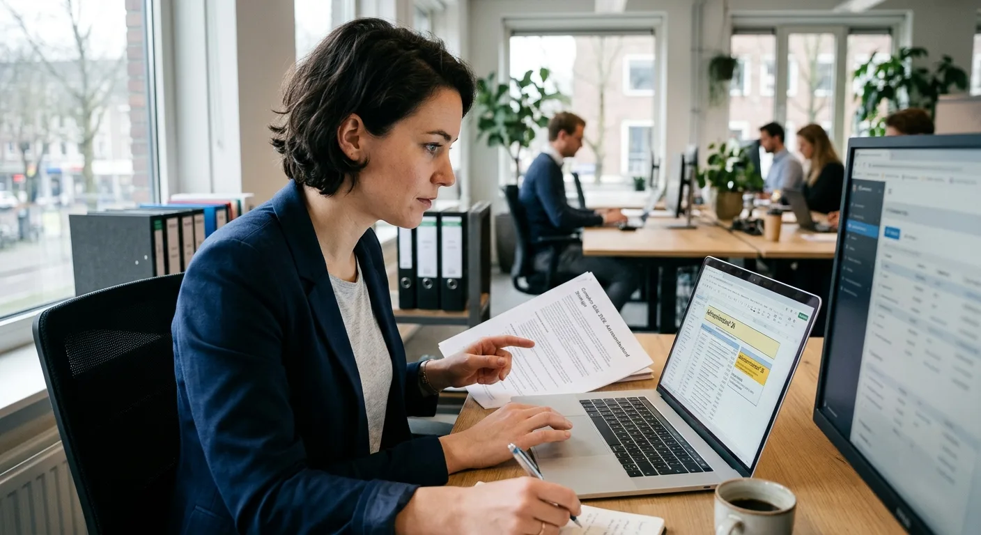 Zakelijke professional aan houten bureau met laptop waarop data voor een kwalitatief adressenbestand kopen zichtbaar is