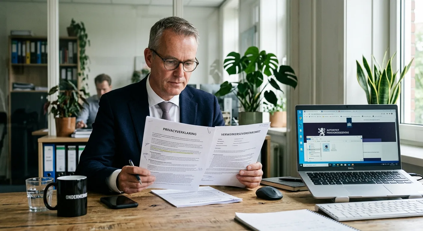 een Nederlandse ondernemer die een privacyverklaring en verwerkersovereenkomst doorleest aan een bureau, met op de achtergrond een laptop met het logo van de Autoriteit Persoonsgegevens