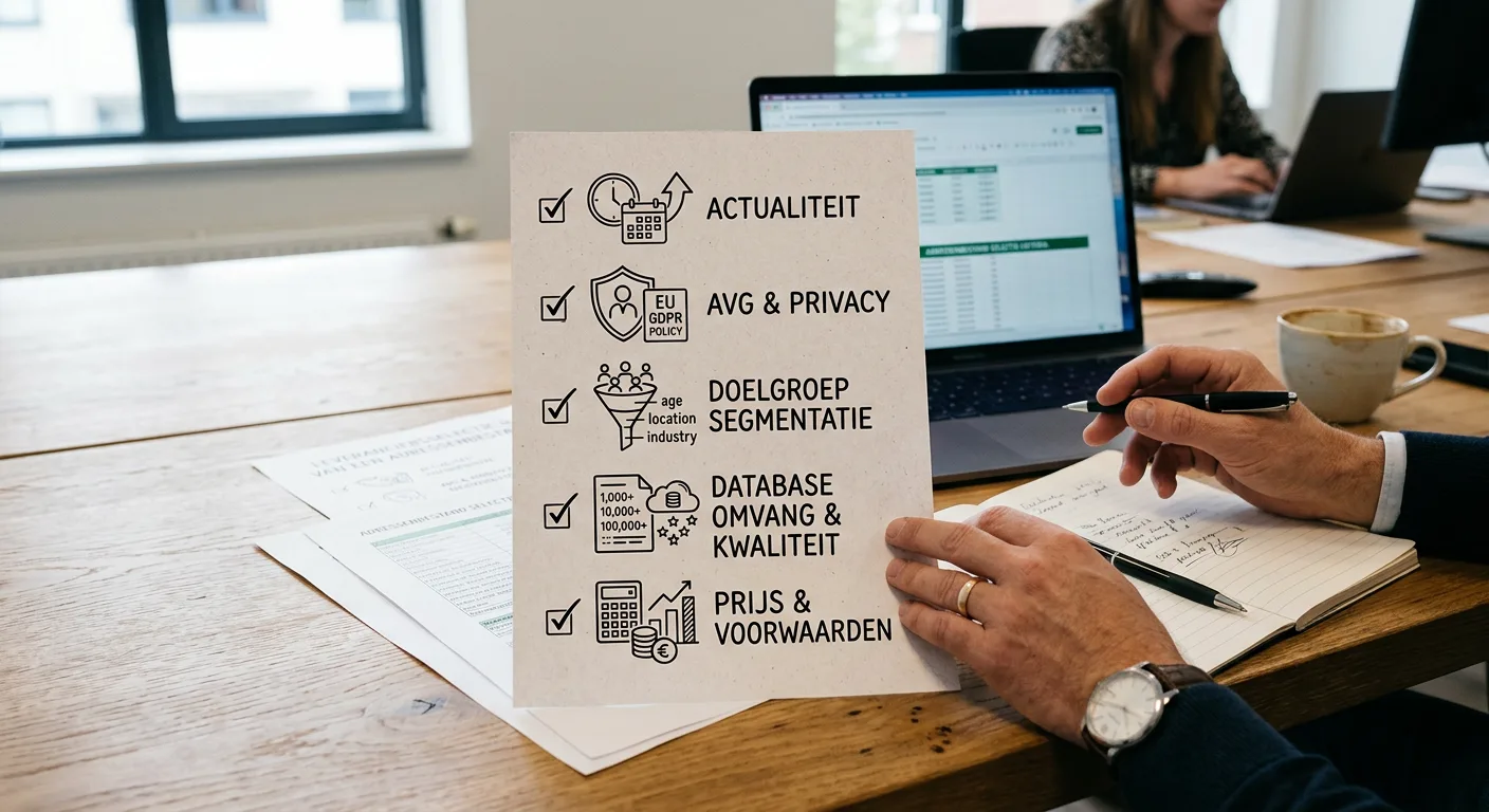 infographic met vijf selectiecriteria voor leveranciersselectie van een adressenbestand, weergegeven als visuele checklist met iconen voor actualiteit, AVG, segmentatie, omvang en prijs