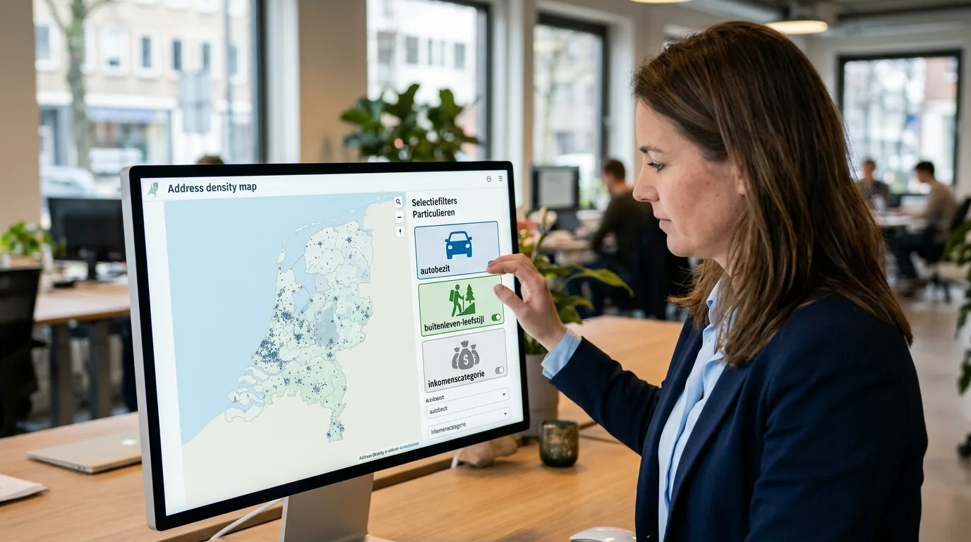 Een visueel overzicht van selectiefilters voor een adressenbestand particulieren, met iconen voor autobezit, buitenleven-leefstijl en inkomenscategorie naast een kaart van Nederland