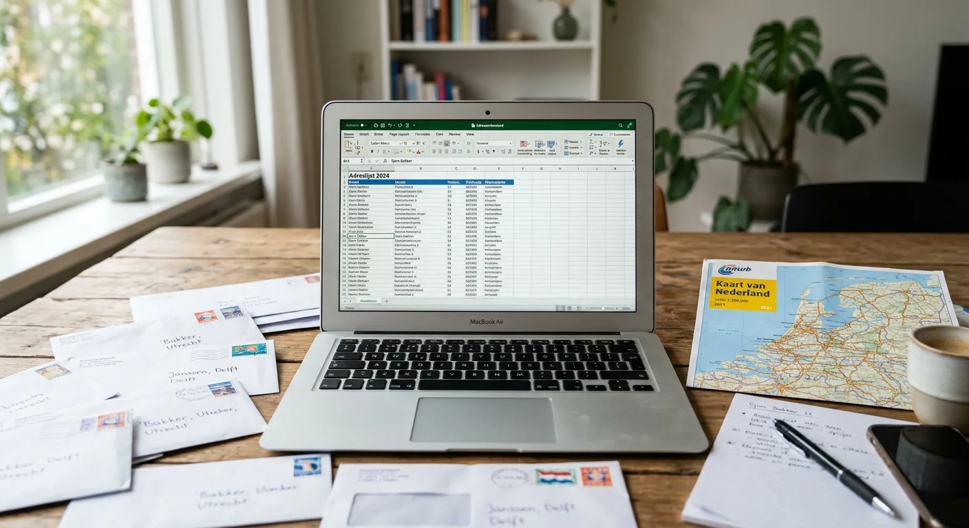 Een laptop met een spreadsheet vol contactgegevens, omringd door enveloppen en een Nederlandse kaart, ter illustratie van een adressenbestand in gebruik