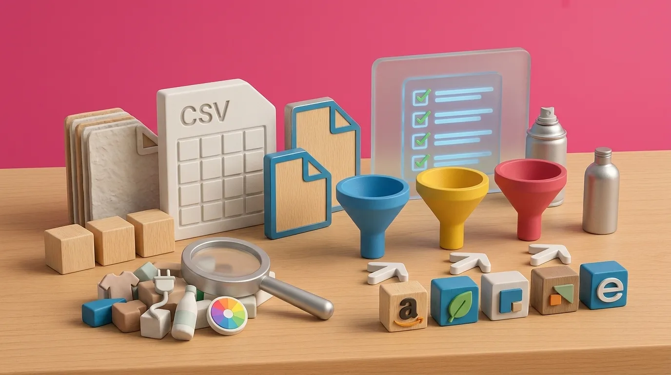 CSV sheet, documents and color-coded funnels mapping product attributes to marketplace channels