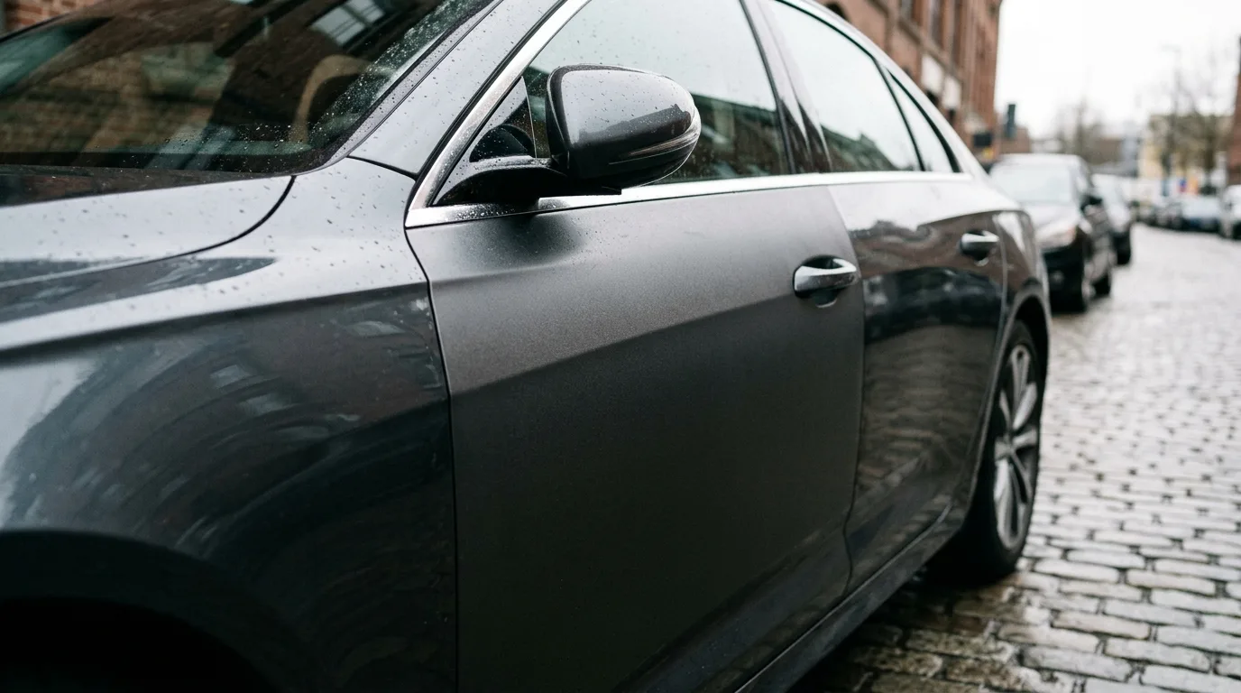 Close-up van een auto met duurzame, kwalitatieve autobelettering die er strak uitziet