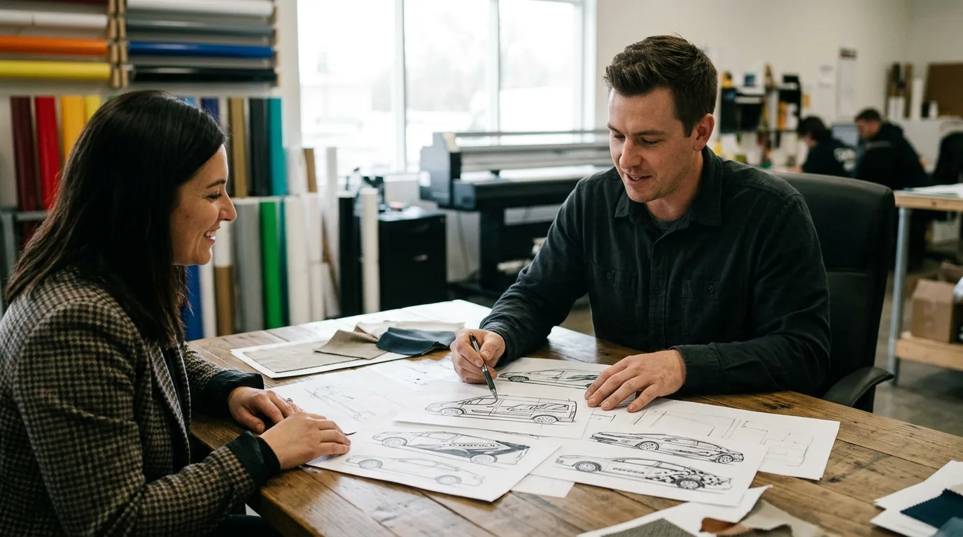 Een medewerker die een offerte bespreekt met een klant, met schetsen van autobelettering op tafel.