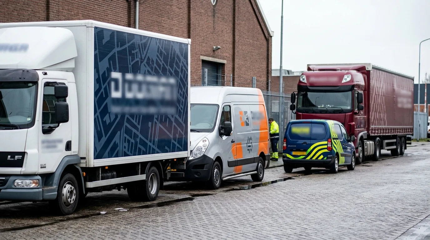 Verschillende voertuigtypes (personenauto, bestelbus, vrachtwagen) met daarop diverse beletteringsstijlen