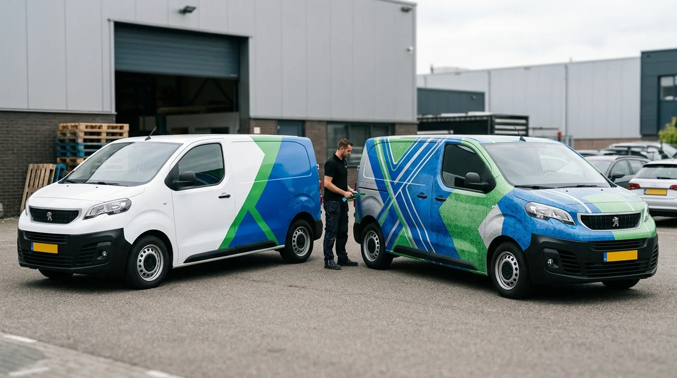 Een bedrijfsauto met zowel deelbelettering als een complete autowrap, om het verschil te illustreren.