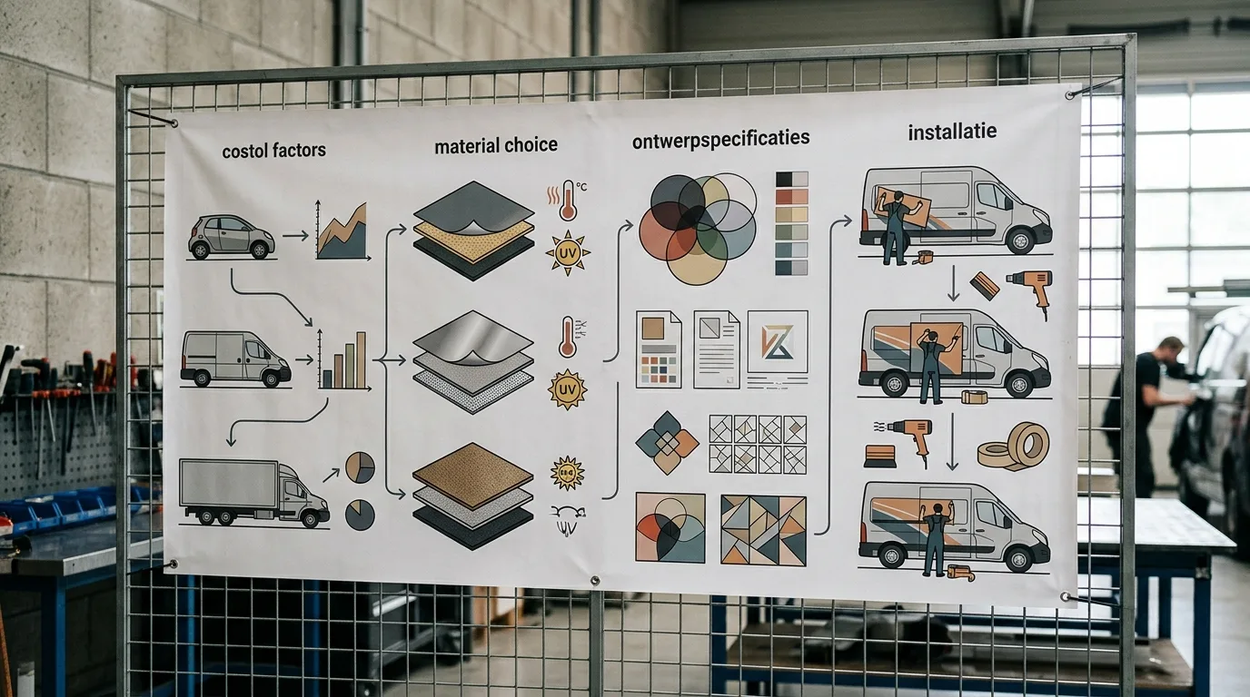Een infographic die de verschillende kostenfactoren voor autobelettering visualiseert, zoals voertuigtype, materiaalkeuze, ontwerpspecificaties en installatie.