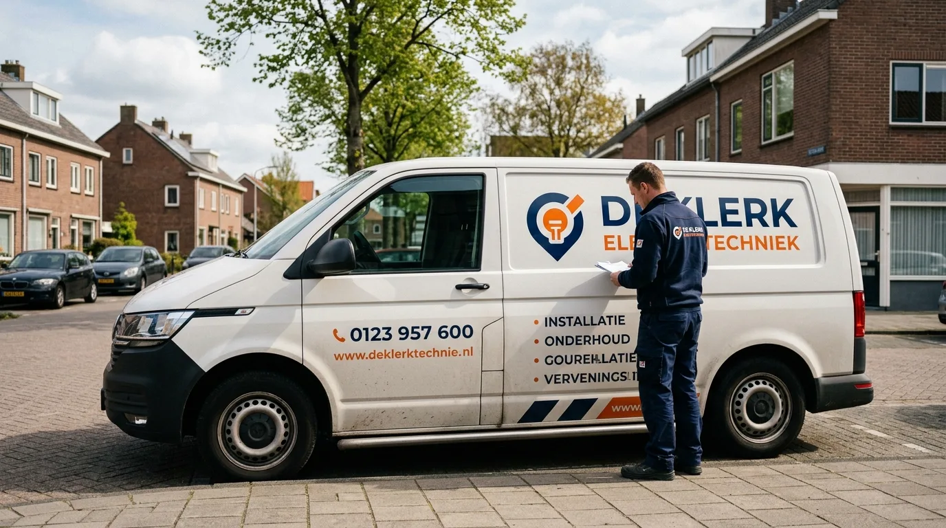 Een bedrijfsvoertuig met opvallende autobelettering die de merknaam en contactgegevens duidelijk weergeeft.