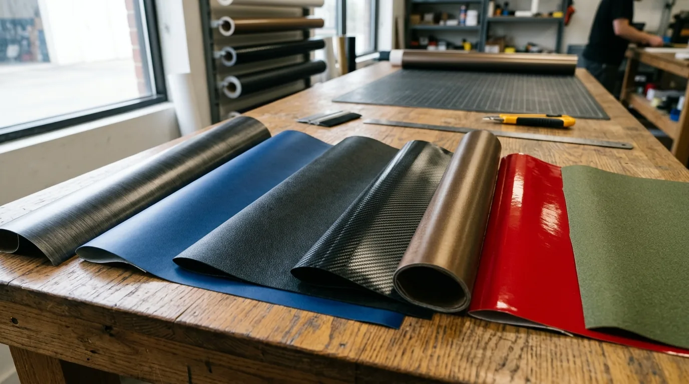 Close-up van verschillende soorten vinylfolies met textuur en kleurvariaties