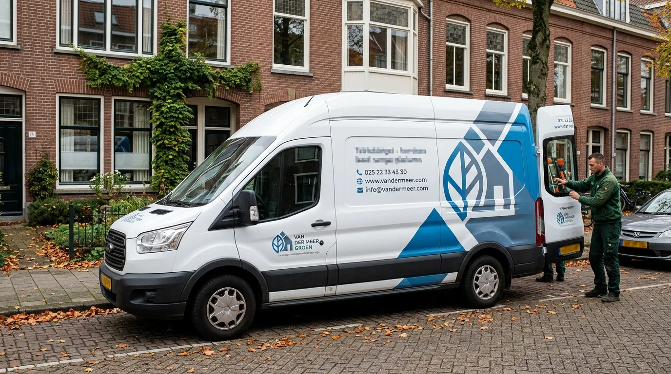 Een bestelbus met duidelijke bedrijfsbelettering die de bedrijfsnaam, logo en contactinformatie toont.