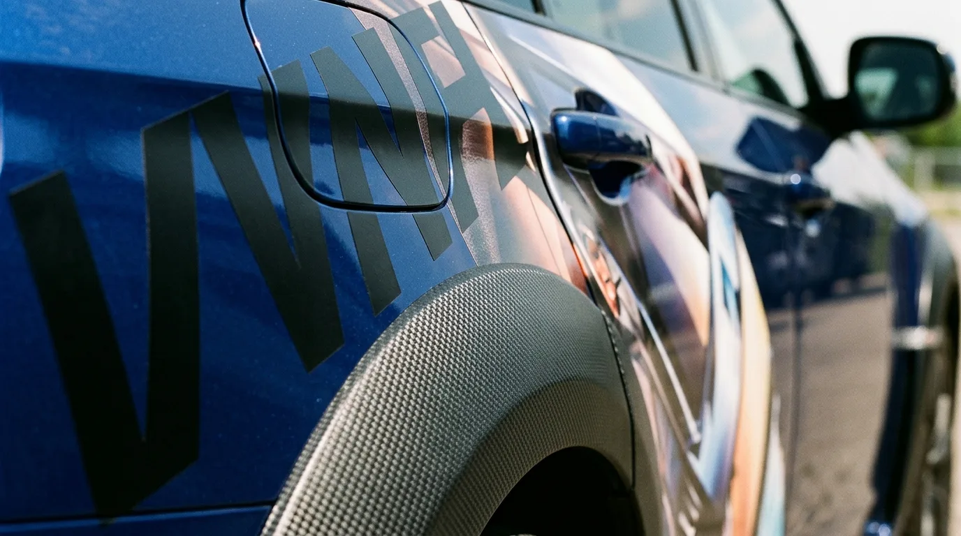 Een gedetailleerde close-up van verschillende soorten autobelettering, zoals snijteksten, full-colour prints en wrapfolies, aangebracht op een voertuig.