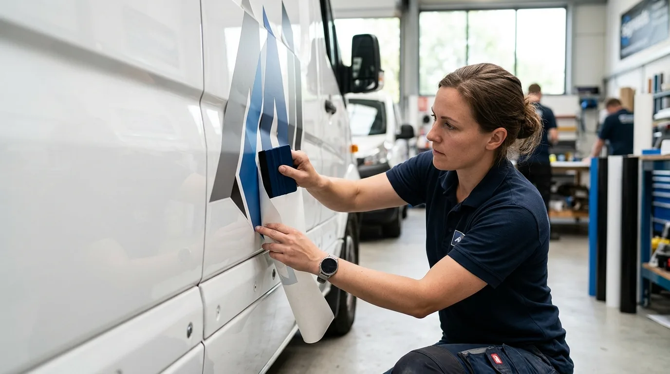 Close-up van een monteur die autobelettering aanbrengt op een witte bestelbus, met oog voor detail.