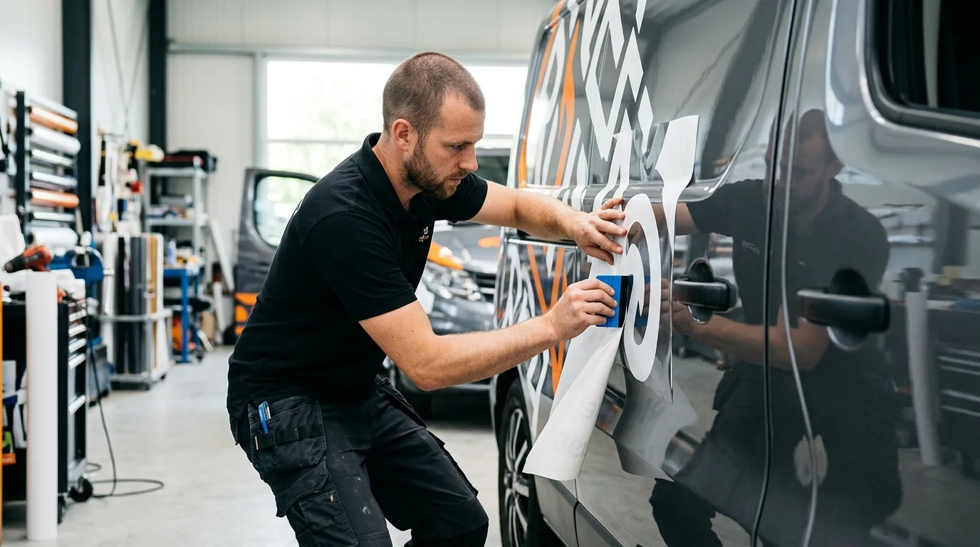 Een gedetailleerde afbeelding van een professional die autobelettering aanbrengt, met focus op precisie en kwaliteit.