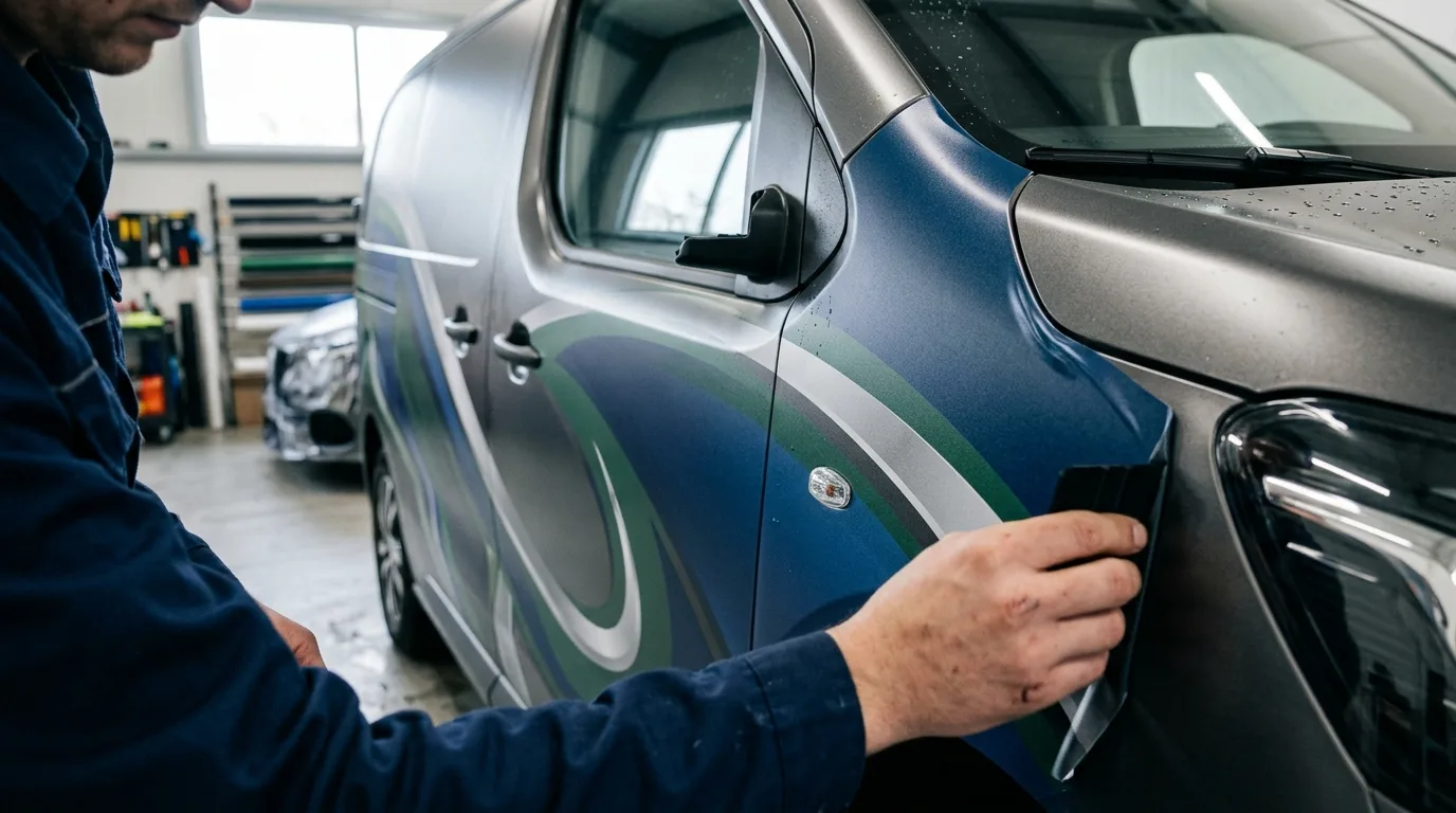 Een close-up van een auto met professionele belettering, waarbij de kwaliteit en duurzaamheid van de folie zichtbaar zijn.
