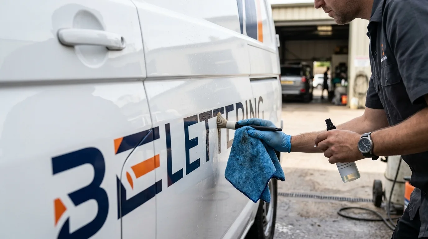 Een detailfoto van een auto met belettering die zorgvuldig wordt gereinigd.