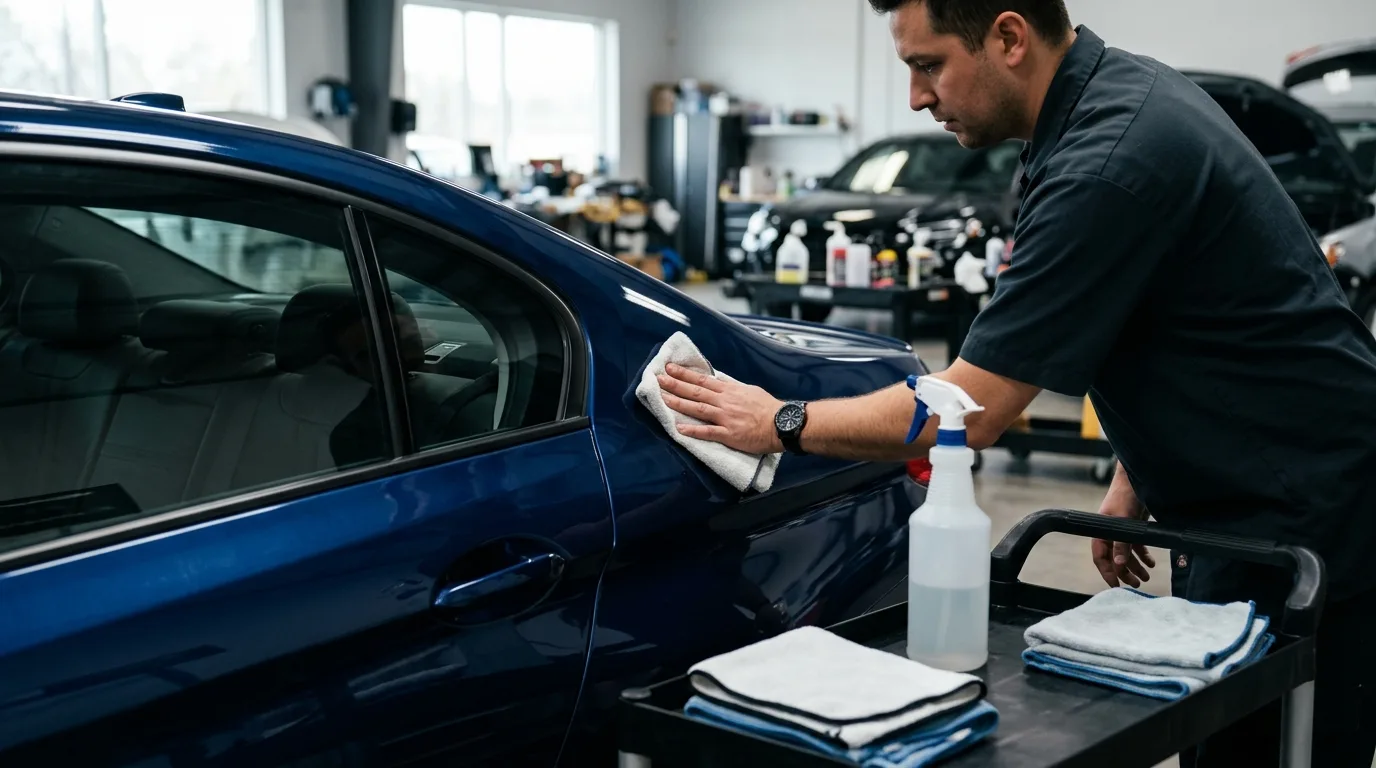 Close-up van een technicus die een auto-oppervlak reinigt en voorbereidt voor autobelettering, met reinigingsmiddelen en doeken zichtbaar.