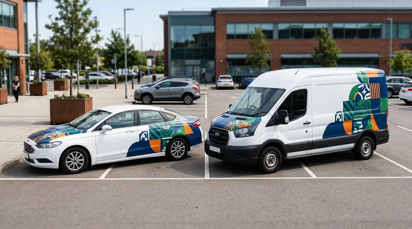 Een net bestickerde witte leaseauto naast een wit bestelbusje met dezelfde bedrijfshuisstijl.
