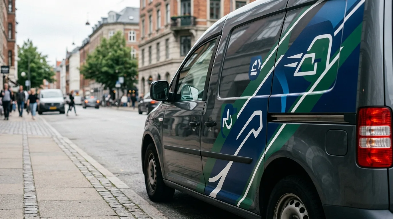 Een close-up van een auto met professionele autoreclame stickers, geparkeerd in een stedelijke omgeving.