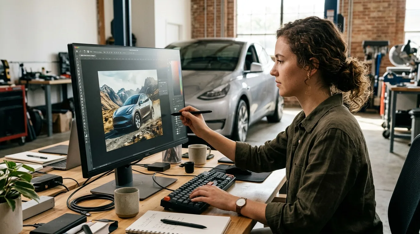 Een grafisch ontwerper die werkt aan een digitaal ontwerp van autoreclame op een computerscherm, met een auto als achtergrond.