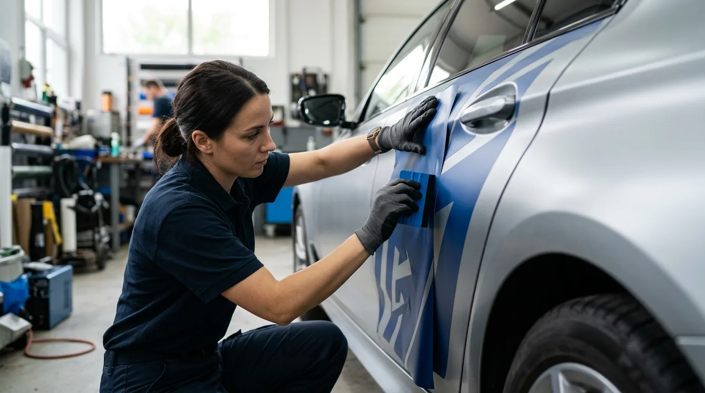 Een detailopname van een auto die professioneel wordt voorzien van autoreclame stickers, met de focus op de kwaliteit van het materiaal en de precisie van de installatie.