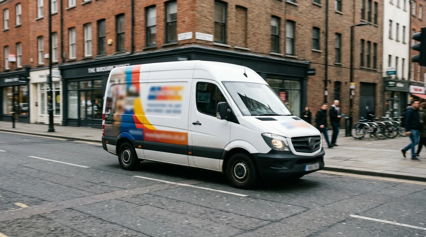 Een bedrijfswagen met professionele autoreclame stickers rijdt door een stad.