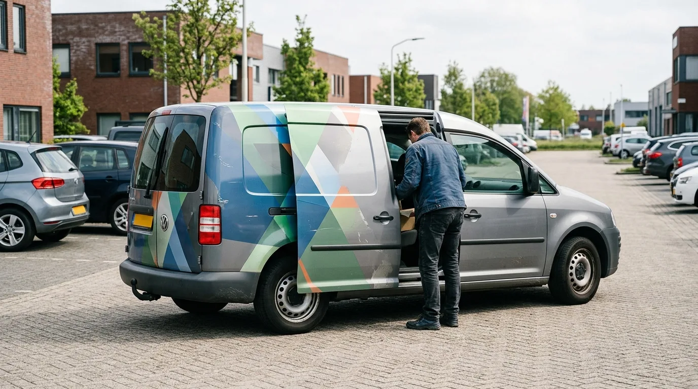 Een auto met professioneel aangebrachte autoreclame stickers die er na jaren nog steeds goed uitzien.