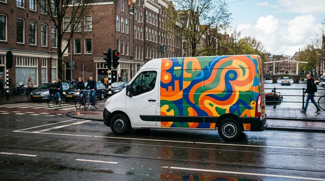 Een bestelbus met opvallende autoreclame die door een stad rijdt.