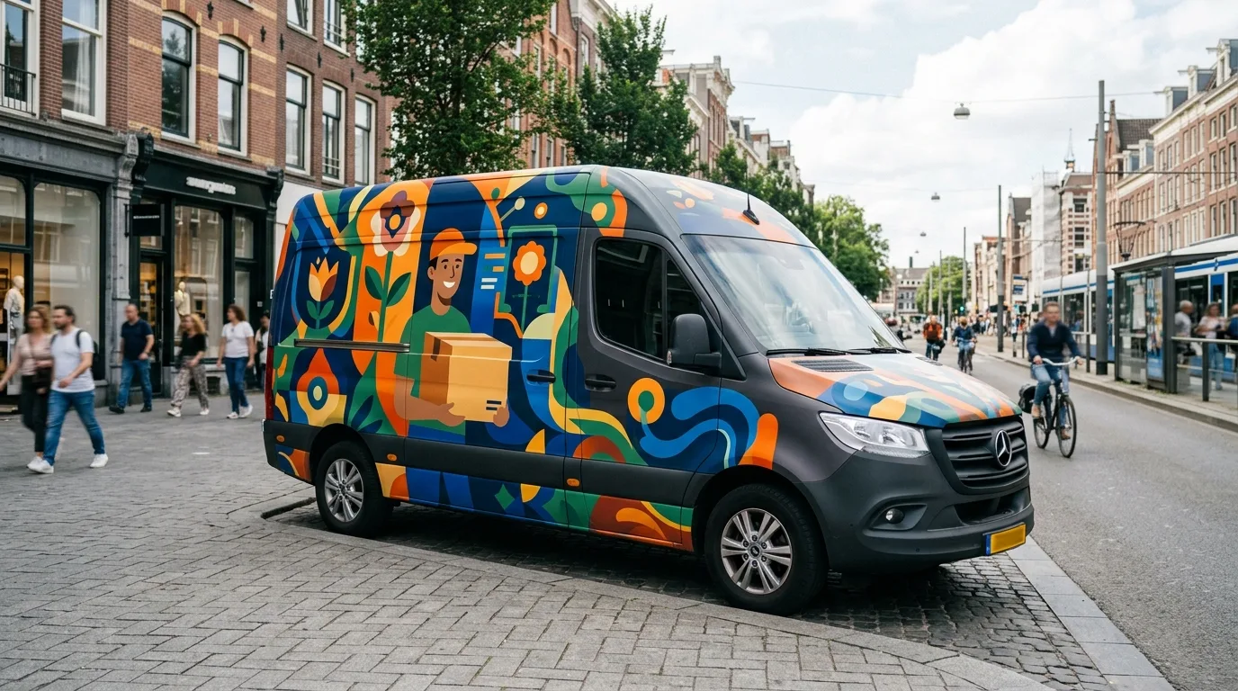 Een modern vormgegeven bestelbus met opvallende autoreclame.