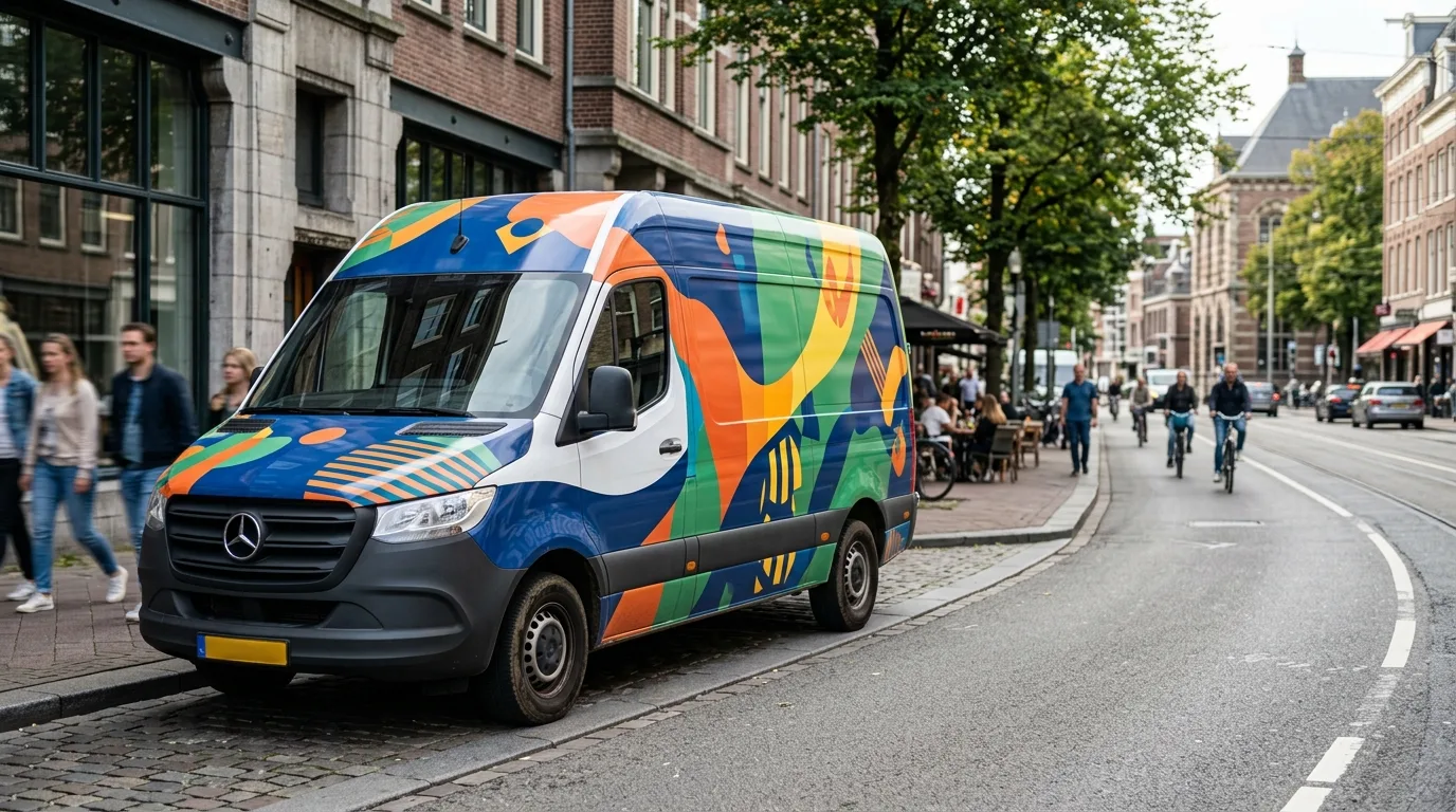 Een modern vormgegeven bestelbus met opvallende autoreclame.