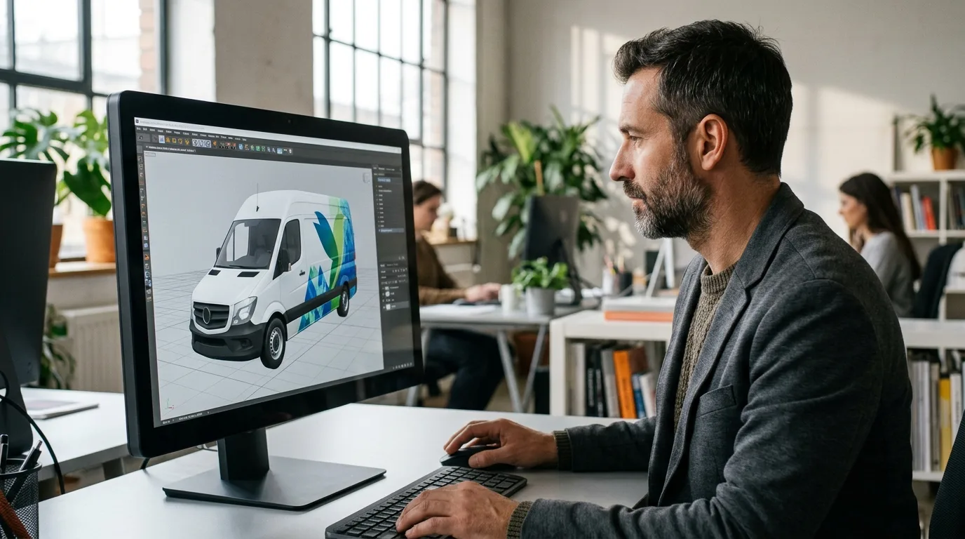 Een ontwerper die op een computerscherm een digitaal ontwerp van autoreclame visualiseert op een 3D-model van een bestelbus.