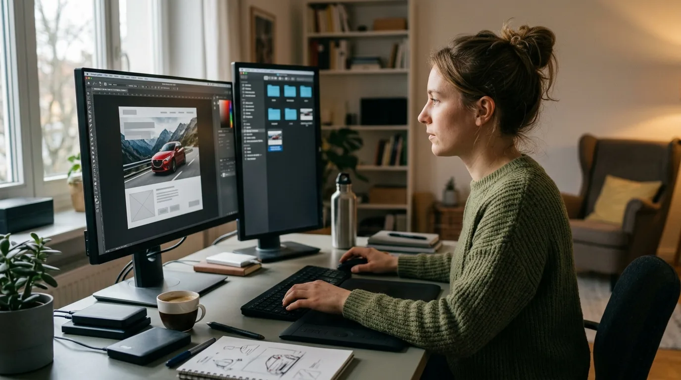 Een persoon die met grafische software een autoreclameontwerp probeert te maken op een computerscherm.