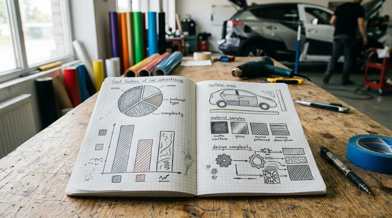 Een grafiek die de kostenfactoren van autoreclame visualiseert, zoals oppervlakte, materiaalsoort en complexiteit.