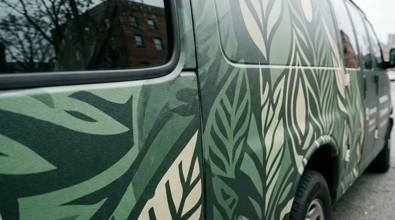 Een detailopname van duurzame autoreclame op een voertuig, met aandacht voor de kwaliteit van de folie.