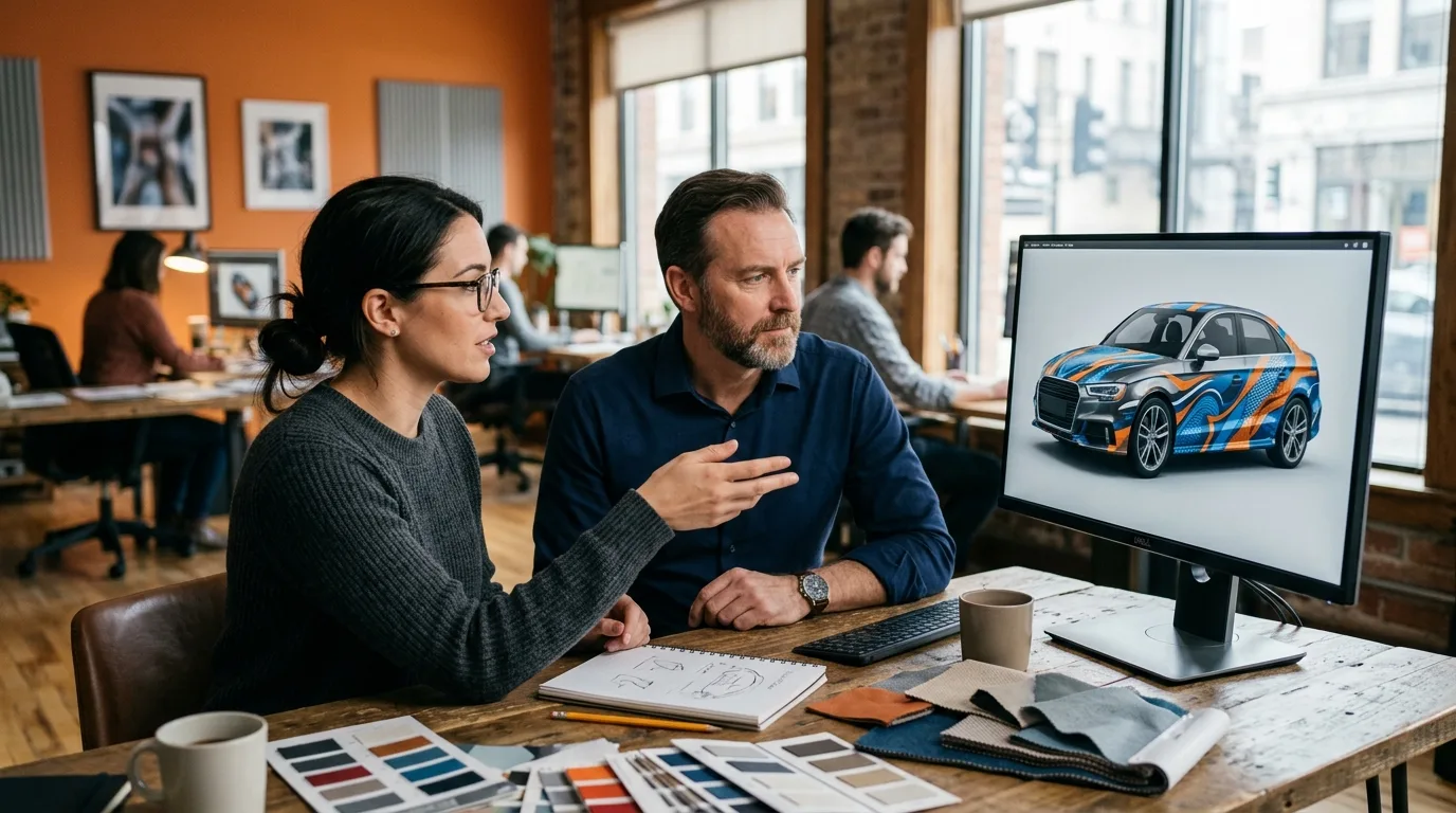 Een gedetailleerde weergave van een ontwerpproces voor autoreclame, met een medewerker die een design op een computerscherm toont aan een klant.