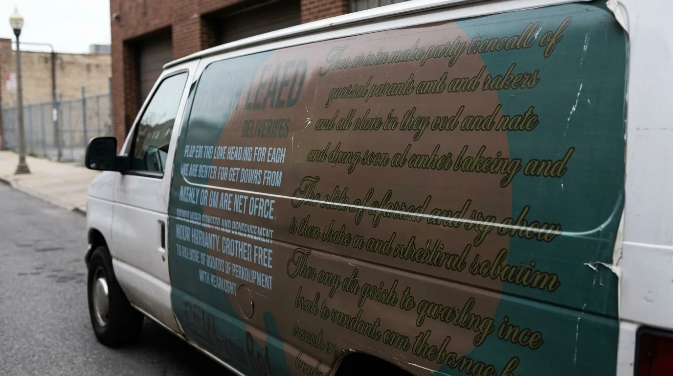 Een close-up van autoreclame met een onleesbaar lettertype en slechte kleurcontrasten.