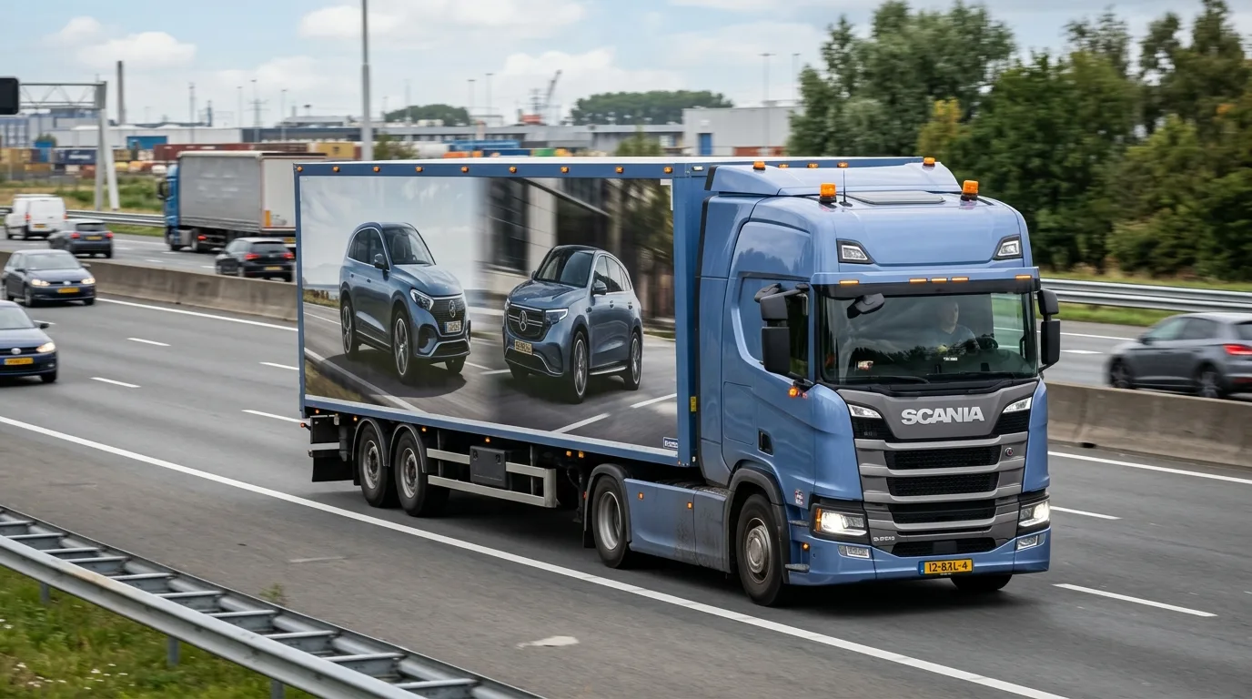 Een vrachtwagen met autoreclame die duidelijk de wettelijke vereisten volgt, zoals zichtbaarheid en veiligheid.