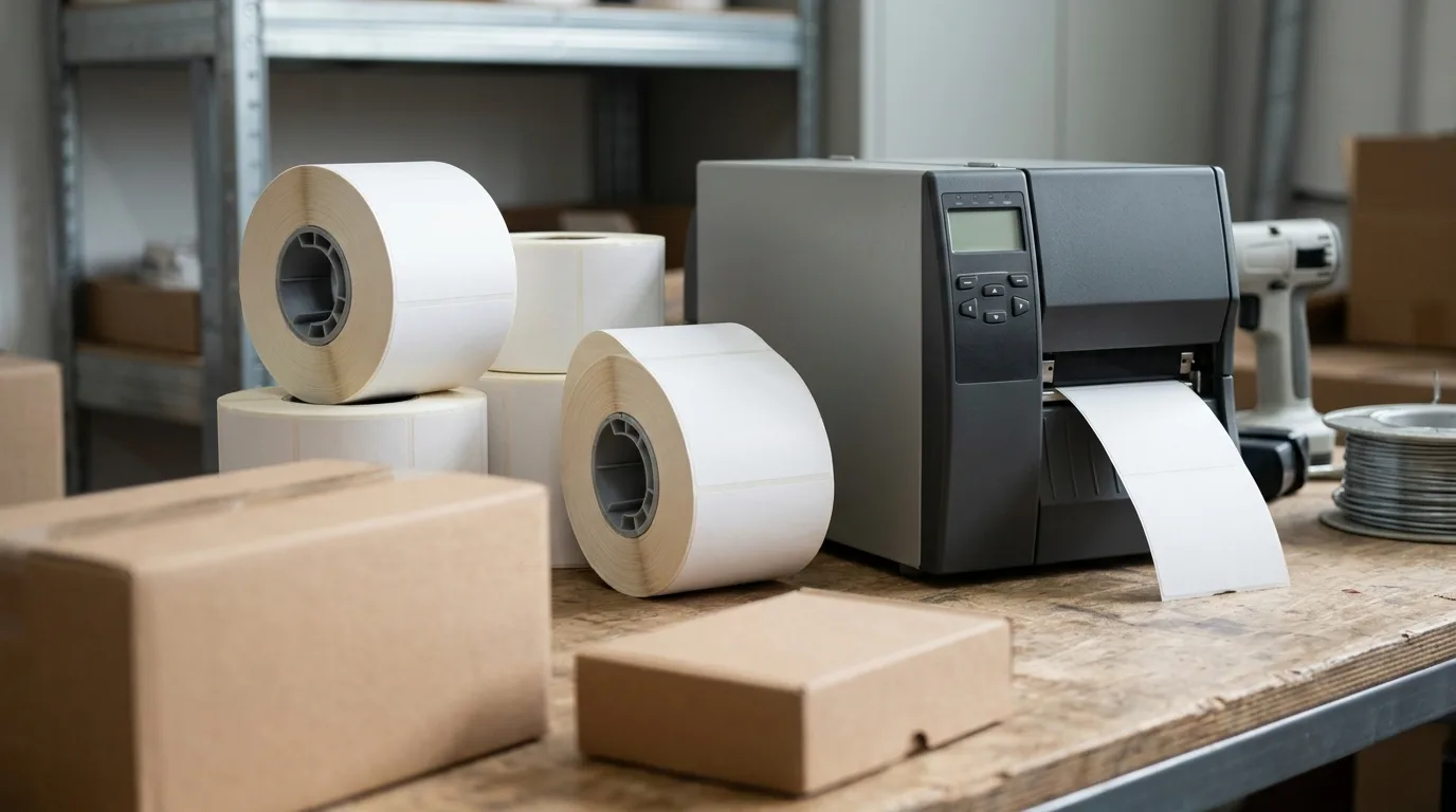 Rollen blanco barcode-etiketten naast labelprinter