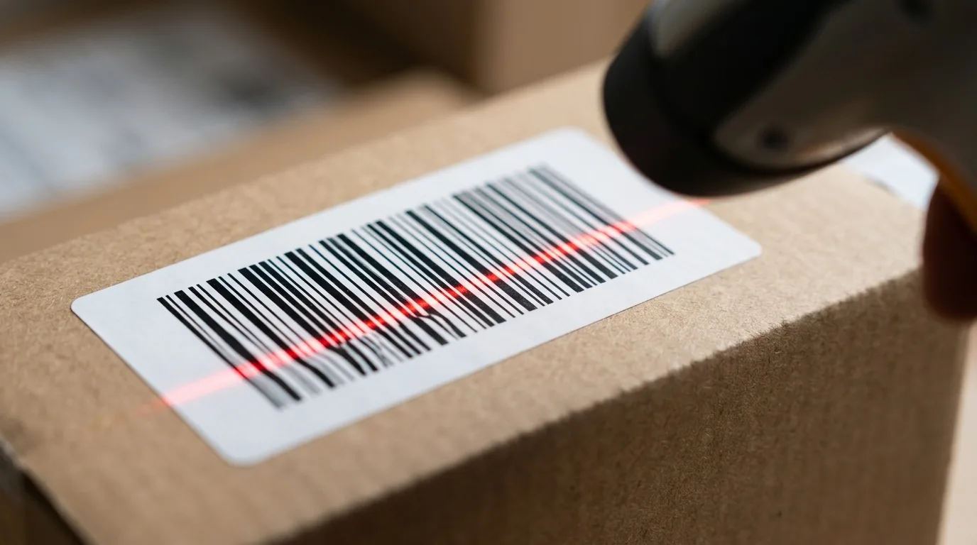 Zwarte barcode op wit etiket met rode scannerstraal