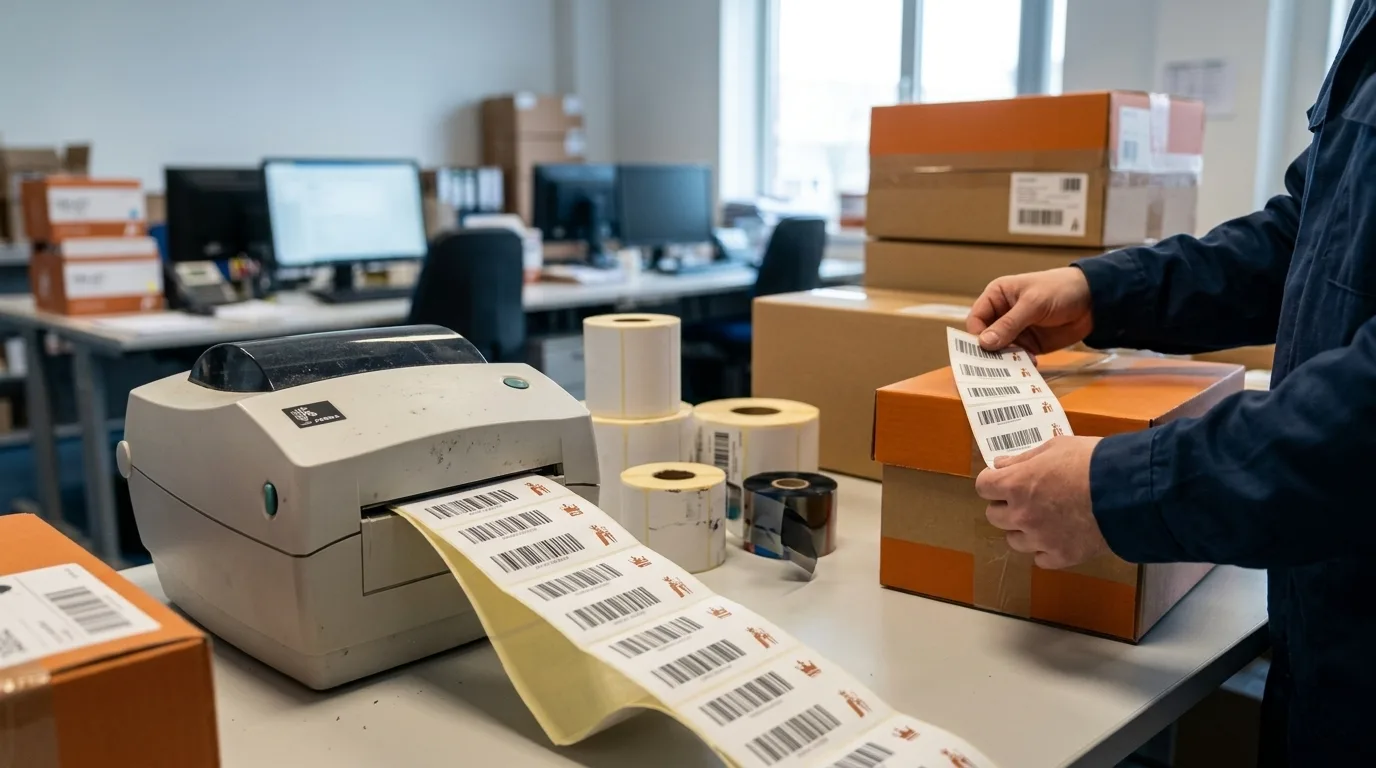 Labelprinter met strook geprinte barcode labels
