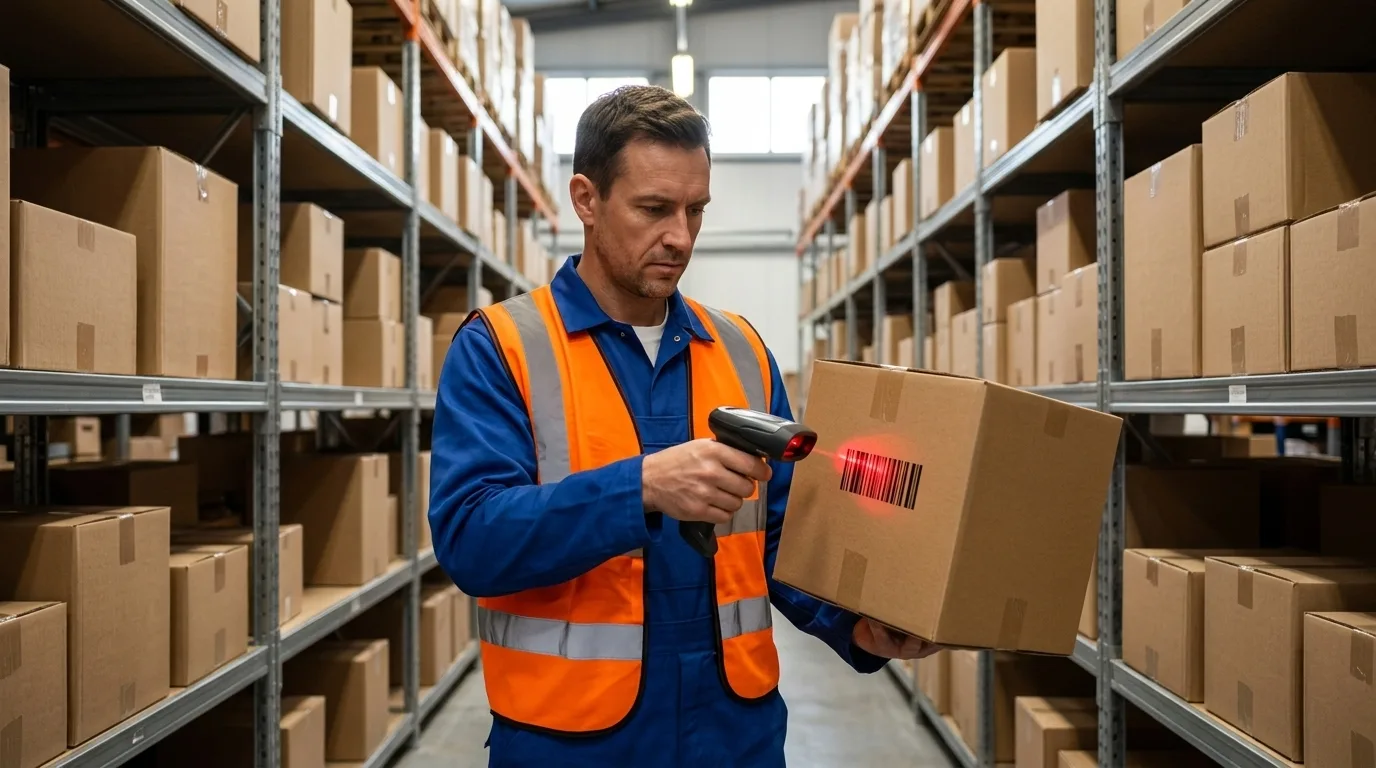 Magazijnmedewerker scant barcode op kartonnen doos