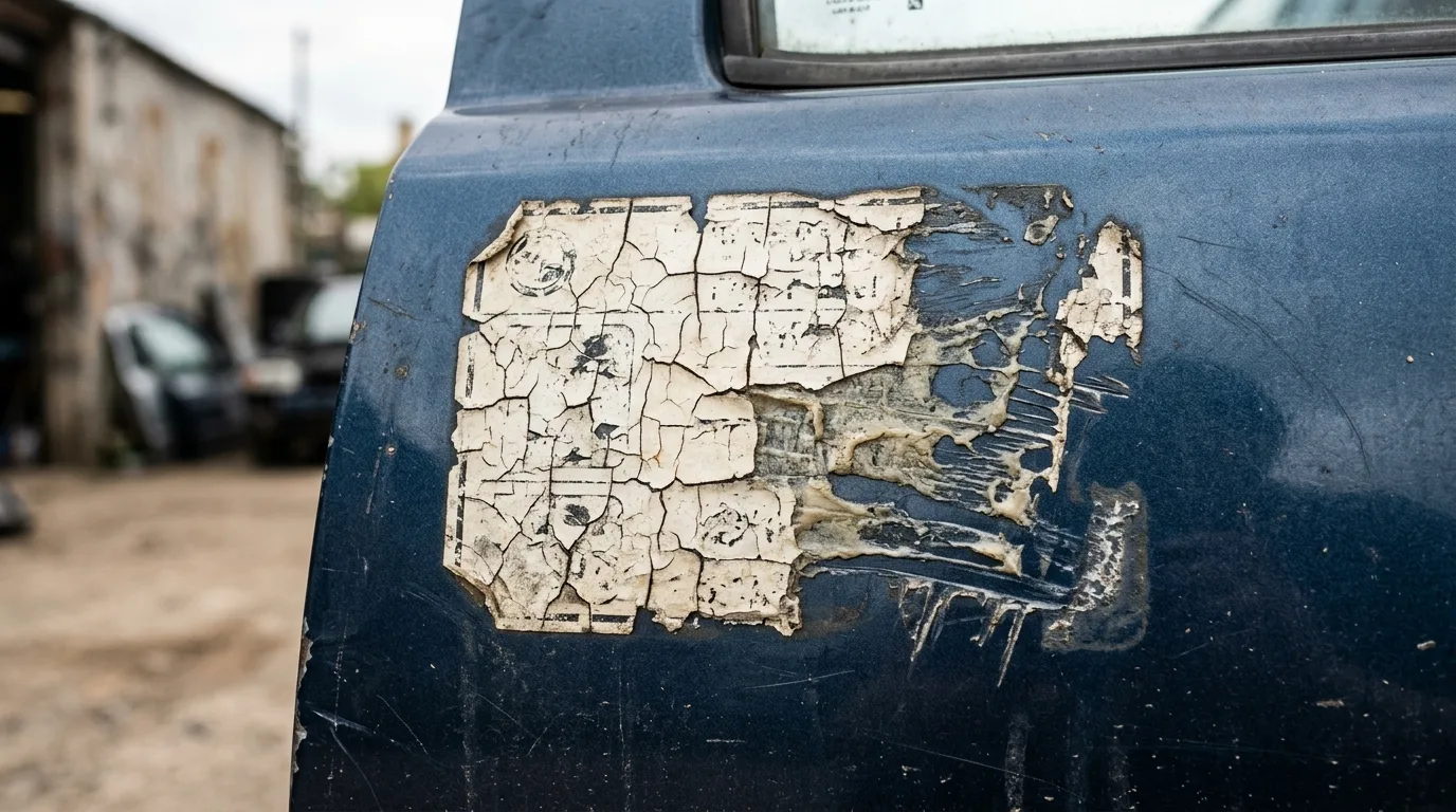 Een close-up van een oude, gebarsten sticker op een autolak, met een deel al verwijderd.