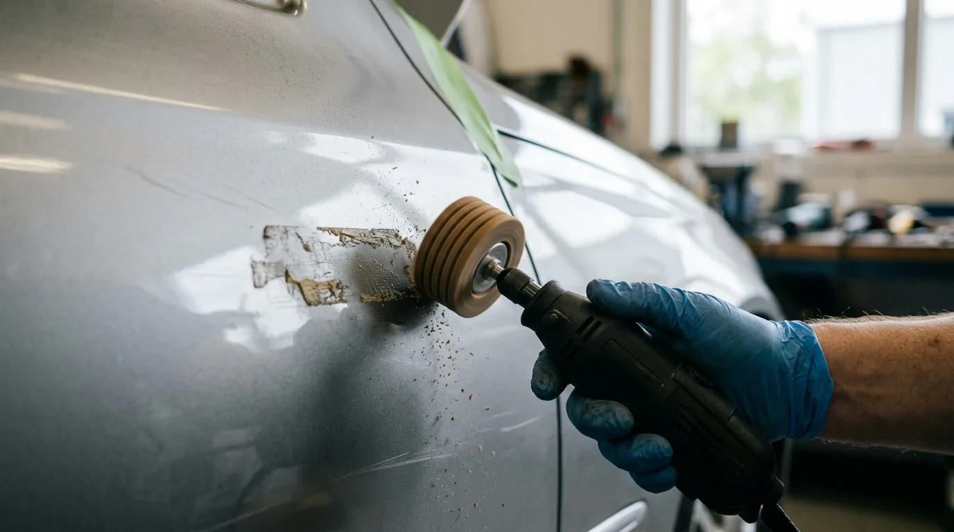 Detailafbeelding van een caramelschijf in gebruik op een autolak.
