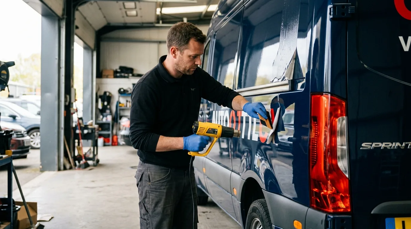 Een professional verwijdert zorgvuldig autobelettering met gespecialiseerde tools.