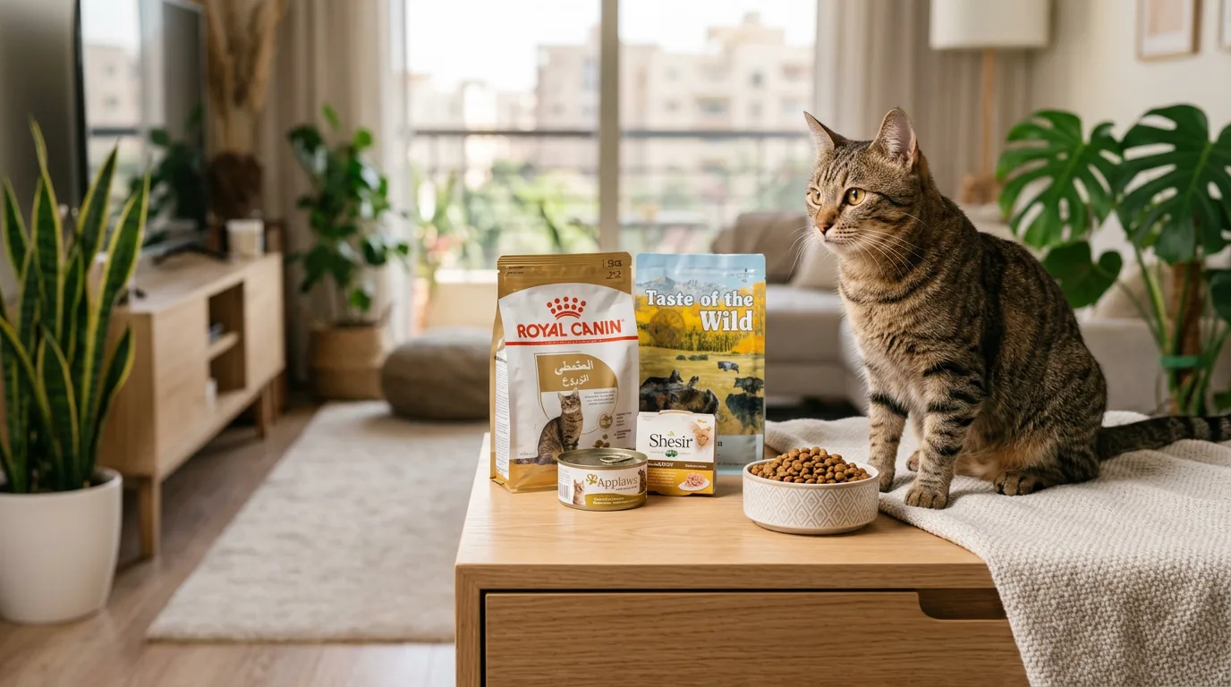 Healthy cat sitting next to a premium bowl of nutritious dry cat food in a bright modern home setting