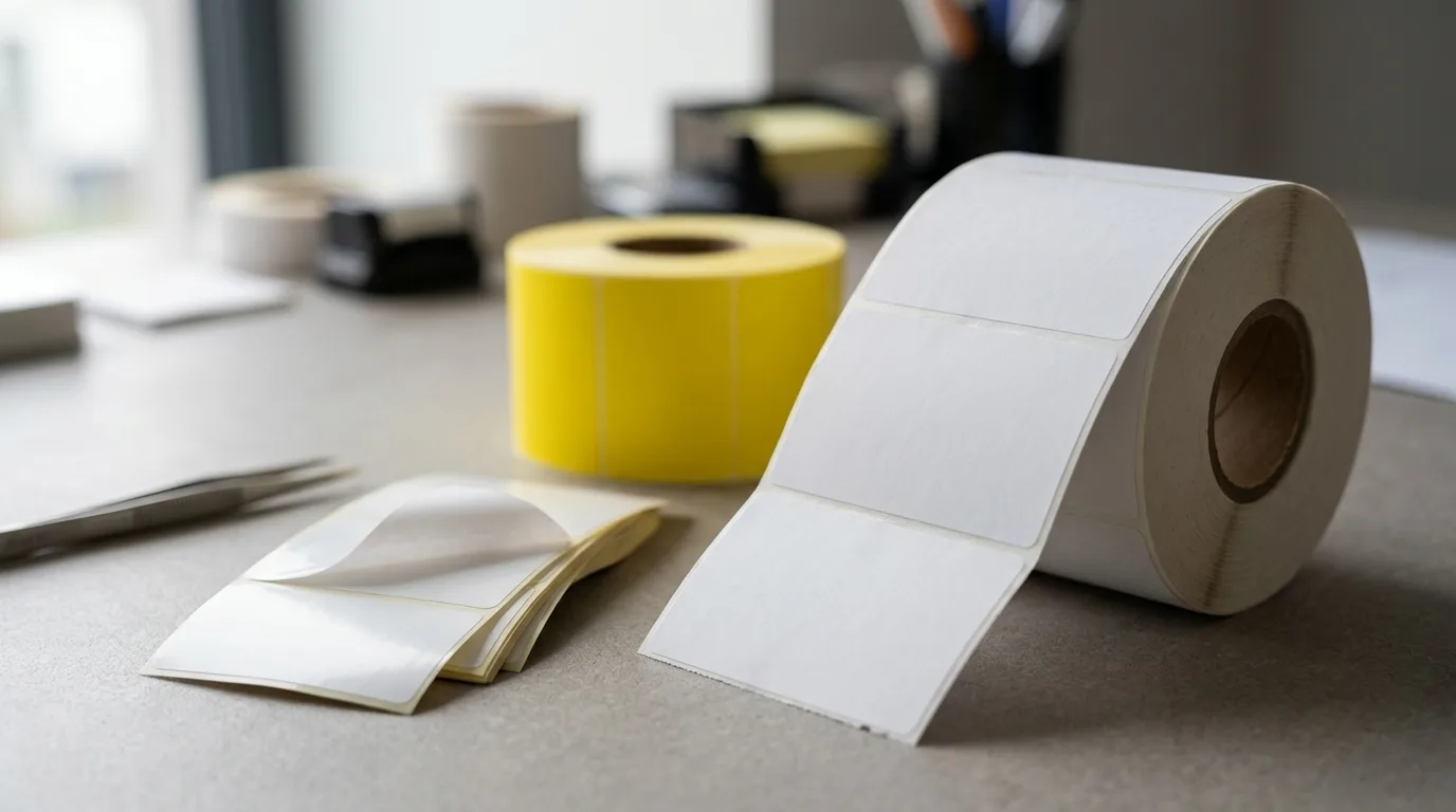 Close-up van blanco etiketten in papier en kunststof naast de drager