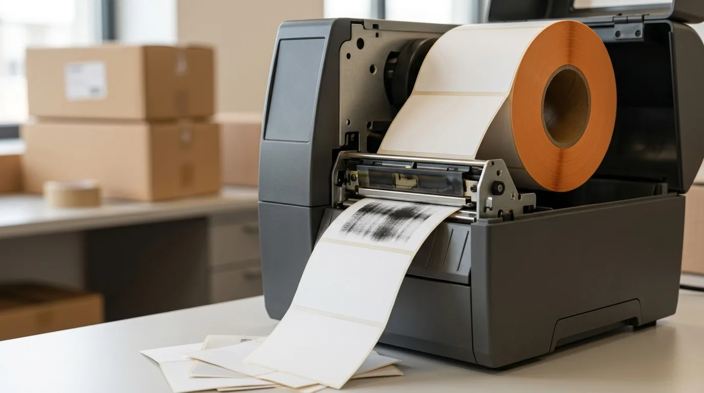 Etikettenprinter die een blanco etiket op rol thermisch bedrukt