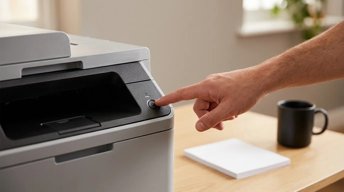 Vinger drukt op aan-uitknop van laserprinter