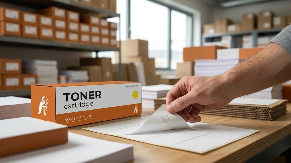 Etiket van vel lostrekken naast doos huismerk toner