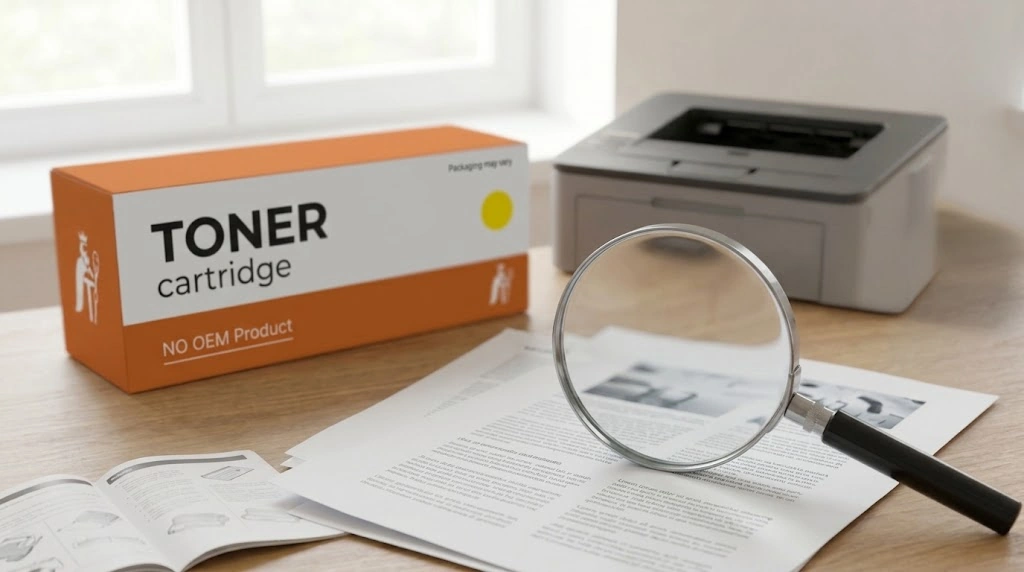 Vergrootglas op afdruk naast tonercartridge en printer