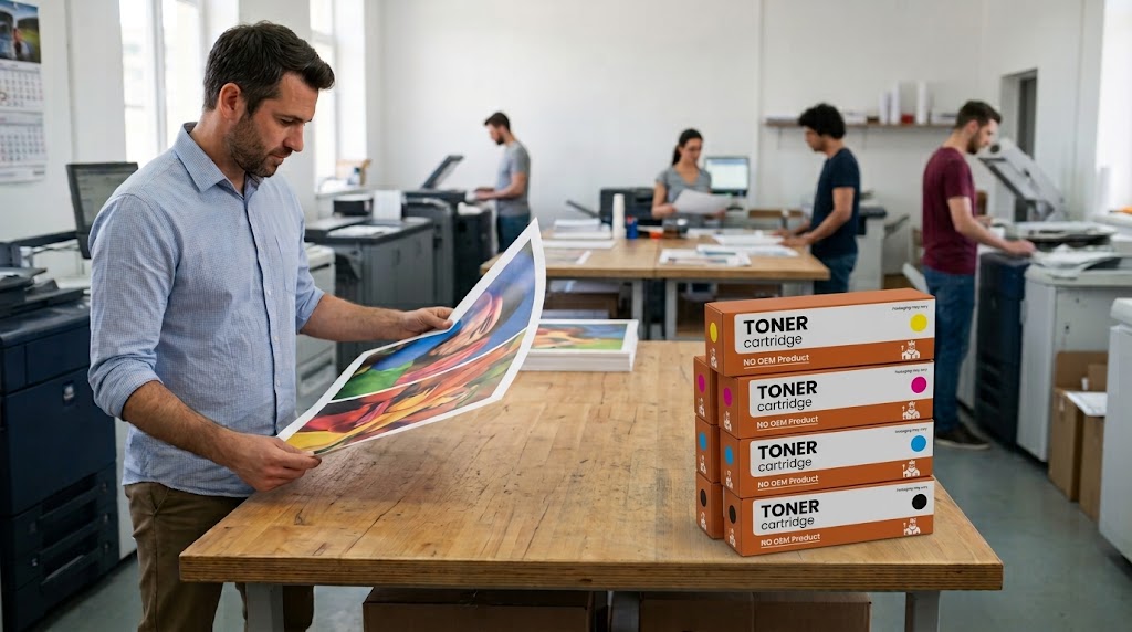 Huismerk tonercartridges naast grote kleurenafdruk
